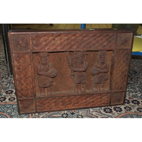 564 - ONE BOX OF LOOSE AFRICAN/TRIBAL SOUVENIRS to include two wooden masks, a wooden plaque, three metal ... 