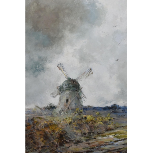 565 - AN EARLY 20TH CENTURY LANDSCAPE WITH WINDMILL, a figure on horseback pass by a windmill in an extens... 