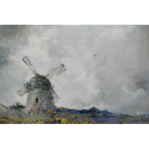 565 - AN EARLY 20TH CENTURY LANDSCAPE WITH WINDMILL, a figure on horseback pass by a windmill in an extens... 