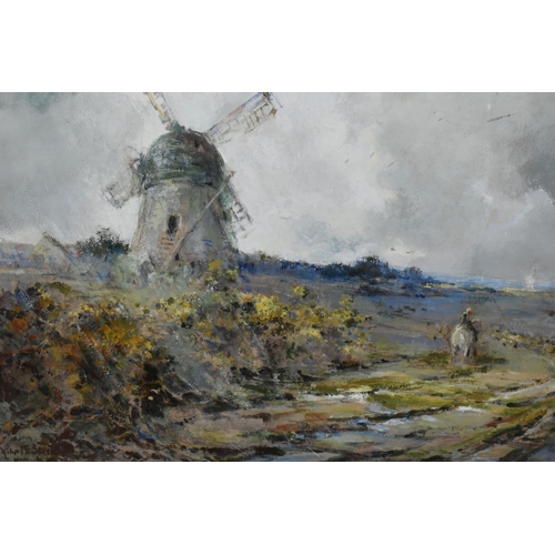 565 - AN EARLY 20TH CENTURY LANDSCAPE WITH WINDMILL, a figure on horseback pass by a windmill in an extens... 