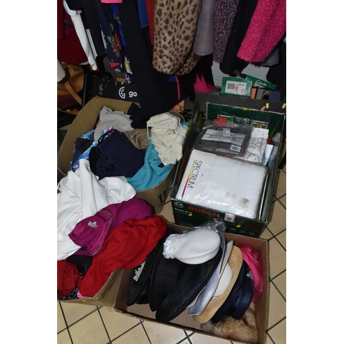 567 - NINE BOXES AND LOOSE LADIES' CLOTHING, HATS, SHOES AND HANDBAGS, to include boxed shoes UK size 5.5/... 