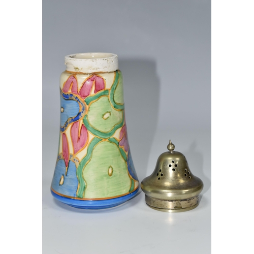 322 - A CLARICE CLIFF 'BLUE CHINTZ' SUGAR SIFTER, painted with blue, green and pink stylised floral forms ... 