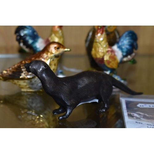 333 - A GROUP OF ANIMAL AND BIRD SCULPTURES, to include a small silver place holder in the form of a fox's... 