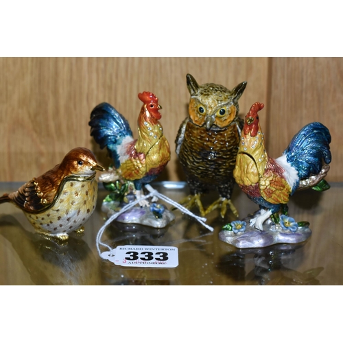 333 - A GROUP OF ANIMAL AND BIRD SCULPTURES, to include a small silver place holder in the form of a fox's... 