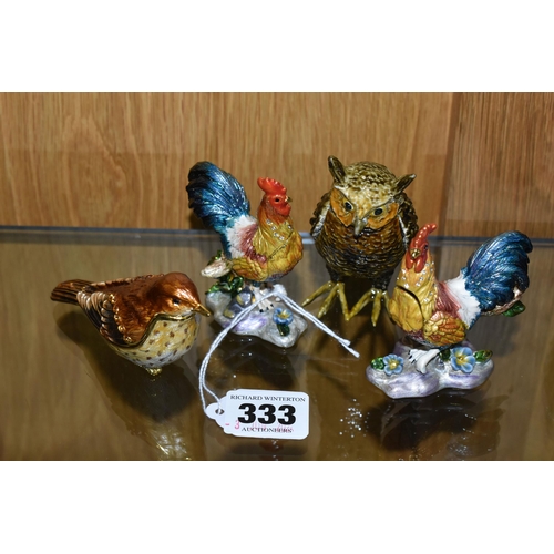 333 - A GROUP OF ANIMAL AND BIRD SCULPTURES, to include a small silver place holder in the form of a fox's... 