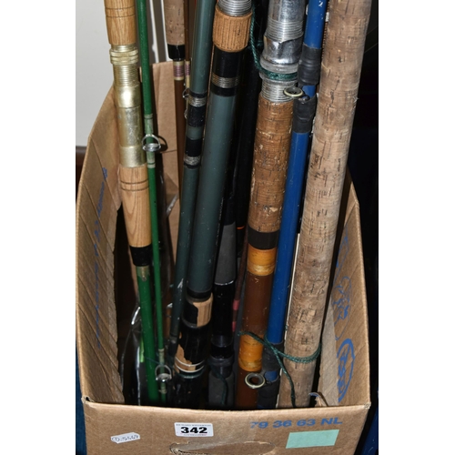 342 - A BOX OF COURSE AND SEA FISHING RODS, to include a Daiwa Hi-Power sea fishing rod, a Surf Rod 0150-3... 