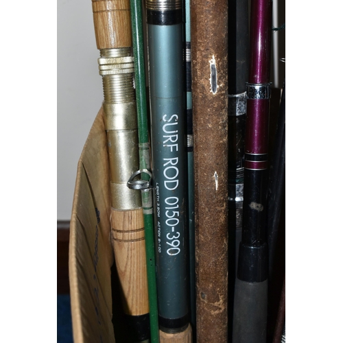 342 - A BOX OF COURSE AND SEA FISHING RODS, to include a Daiwa Hi-Power sea fishing rod, a Surf Rod 0150-3... 