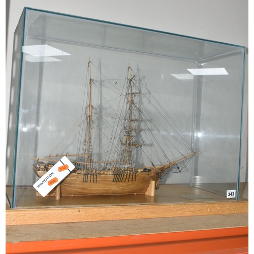 343 - A WOODEN REPLICA OF THE NORWEGIAN SHIP BRIGANTINE LEON IN A GLASS DISPLAY CASE, crafted in 2009 by B... 