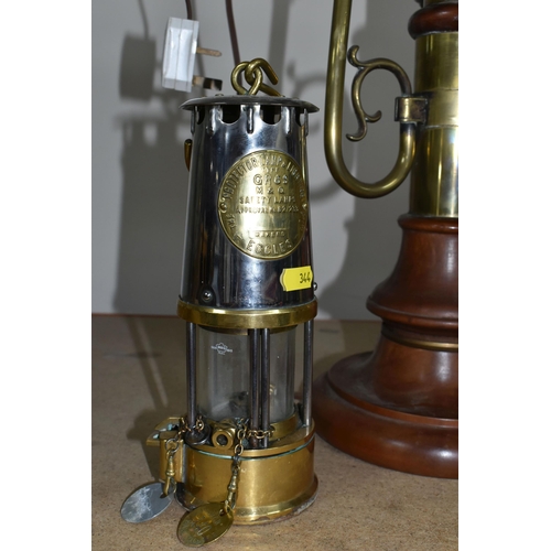 344 - A VARIETY OF BRASS ITEMS to include a miner's lamp featuring a manufacturers plaque from The Protect... 