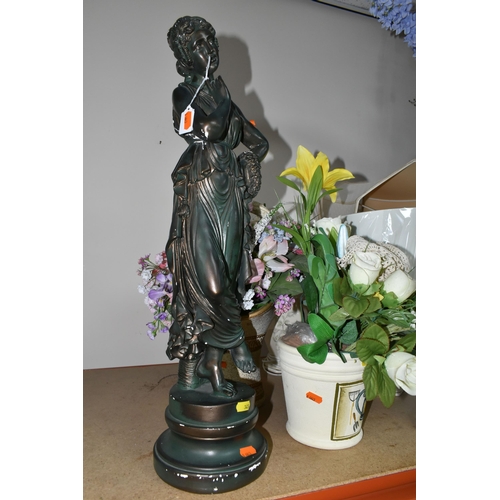 345 - A VARIETY OF VASES, LAMPS, & STATUE to include a plaster Graeco-Roman style statue in green, 62cm he... 