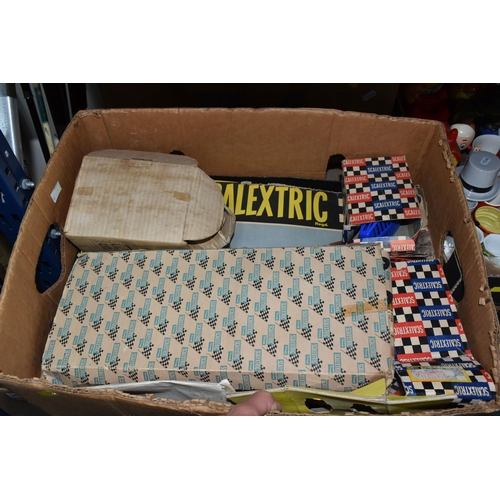 350 - THREE BOXES OF SCALEXTRIC, TOYS AND CERAMICS, to include a vintage boxed Scalextric set 50s with two... 