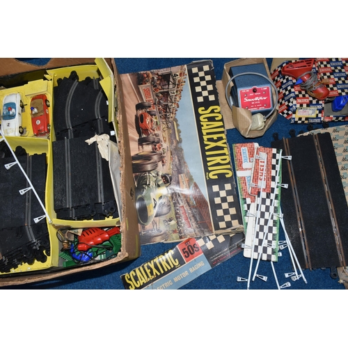 350 - THREE BOXES OF SCALEXTRIC, TOYS AND CERAMICS, to include a vintage boxed Scalextric set 50s with two... 