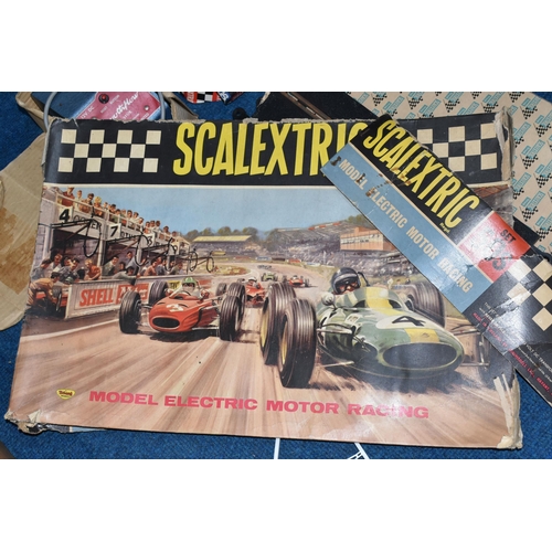 350 - THREE BOXES OF SCALEXTRIC, TOYS AND CERAMICS, to include a vintage boxed Scalextric set 50s with two... 