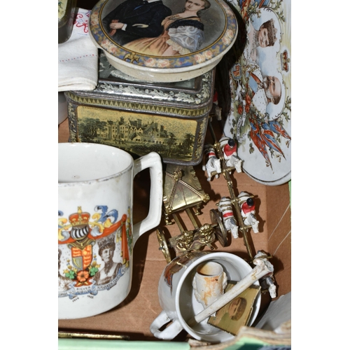 351 - TWO BOXES OF ROYAL MEMORABILIA to include a selection of commemorative glasses, mugs, tins, trinket ... 