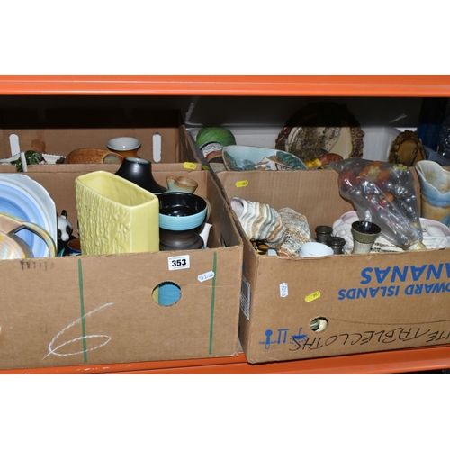 353 - FOUR BOXES OF MIXED CERAMICS, DECORATIVE ITEMS to include a variety of Sylvac items including a yell... 