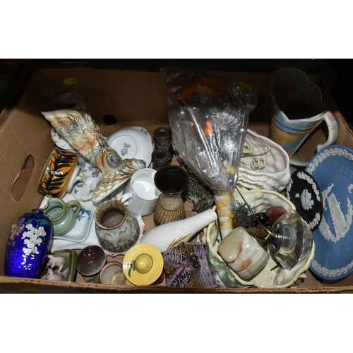 353 - FOUR BOXES OF MIXED CERAMICS, DECORATIVE ITEMS to include a variety of Sylvac items including a yell... 