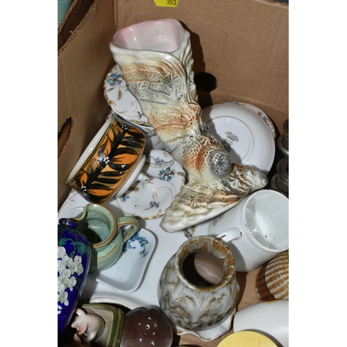 353 - FOUR BOXES OF MIXED CERAMICS, DECORATIVE ITEMS to include a variety of Sylvac items including a yell... 