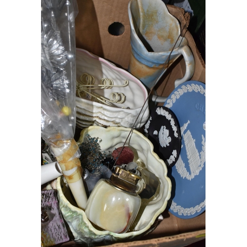 353 - FOUR BOXES OF MIXED CERAMICS, DECORATIVE ITEMS to include a variety of Sylvac items including a yell... 