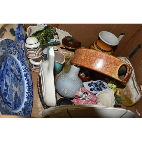 353 - FOUR BOXES OF MIXED CERAMICS, DECORATIVE ITEMS to include a variety of Sylvac items including a yell... 