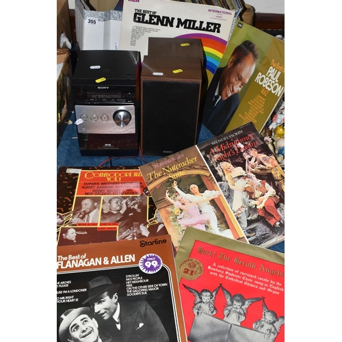 355 - ONE BOX OF LPS AND A SONY CD PLAYER WITH TWO SPEAKERS to include approximately 30 LPs of artists suc... 