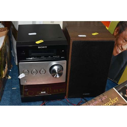 355 - ONE BOX OF LPS AND A SONY CD PLAYER WITH TWO SPEAKERS to include approximately 30 LPs of artists suc... 