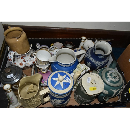 356 - THREE BOXES OF MIXED CERAMICS to include a large quantity of Copeland Spode jugs and plates, a quant... 