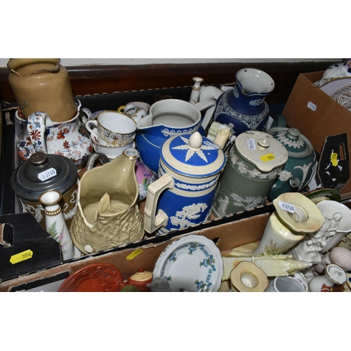 356 - THREE BOXES OF MIXED CERAMICS to include a large quantity of Copeland Spode jugs and plates, a quant... 