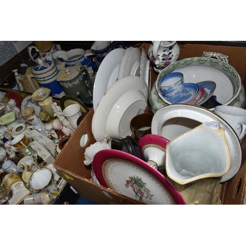 356 - THREE BOXES OF MIXED CERAMICS to include a large quantity of Copeland Spode jugs and plates, a quant... 