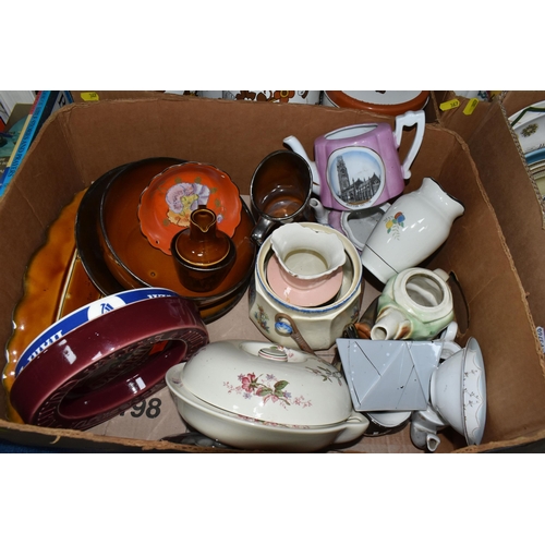 367 - FIVE BOXES OF ASSORTED CERAMICS to include a variety of 'Cornish Ware' style kitchenware from named ... 