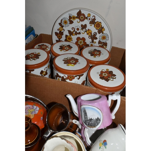 367 - FIVE BOXES OF ASSORTED CERAMICS to include a variety of 'Cornish Ware' style kitchenware from named ... 