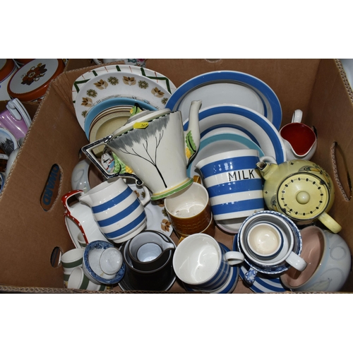 367 - FIVE BOXES OF ASSORTED CERAMICS to include a variety of 'Cornish Ware' style kitchenware from named ... 