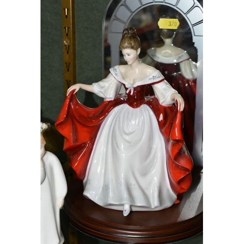 370 - FOUR ROYAL DOULTON LADY AND CHILD FIGURES, comprising 'Sara' HN2265 with a mirrored display stand, '... 