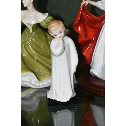 370 - FOUR ROYAL DOULTON LADY AND CHILD FIGURES, comprising 'Sara' HN2265 with a mirrored display stand, '... 