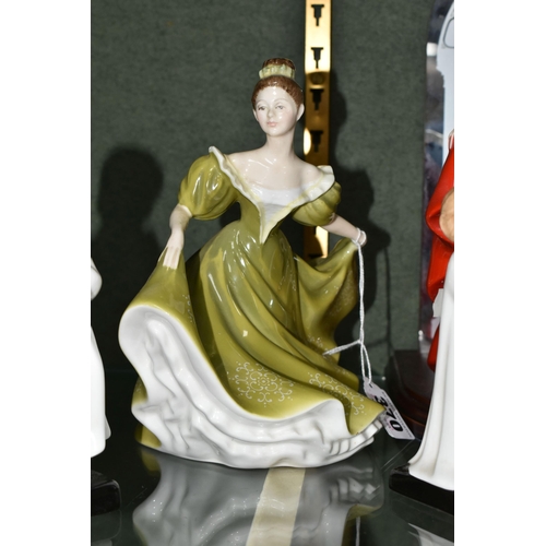 370 - FOUR ROYAL DOULTON LADY AND CHILD FIGURES, comprising 'Sara' HN2265 with a mirrored display stand, '... 