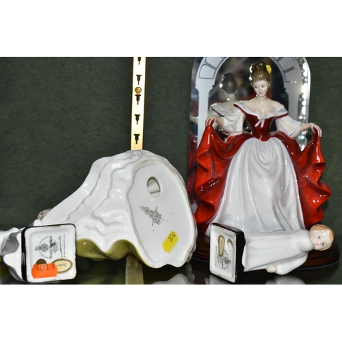 370 - FOUR ROYAL DOULTON LADY AND CHILD FIGURES, comprising 'Sara' HN2265 with a mirrored display stand, '... 