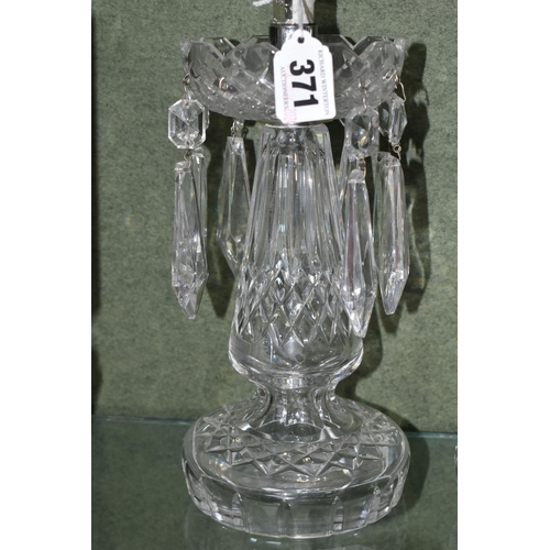 371 - A PAIR OF 20TH CENTURY CLEAR GLASS LUSTRE CANDLESTICKS AND TWO LATE 19TH CENTURY GLASS LUSTRES, the ... 