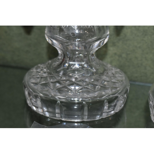 371 - A PAIR OF 20TH CENTURY CLEAR GLASS LUSTRE CANDLESTICKS AND TWO LATE 19TH CENTURY GLASS LUSTRES, the ... 