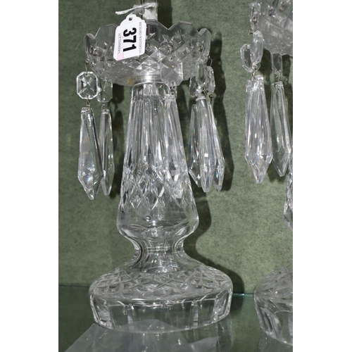 371 - A PAIR OF 20TH CENTURY CLEAR GLASS LUSTRE CANDLESTICKS AND TWO LATE 19TH CENTURY GLASS LUSTRES, the ... 