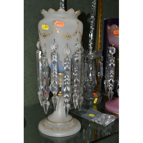 371 - A PAIR OF 20TH CENTURY CLEAR GLASS LUSTRE CANDLESTICKS AND TWO LATE 19TH CENTURY GLASS LUSTRES, the ... 