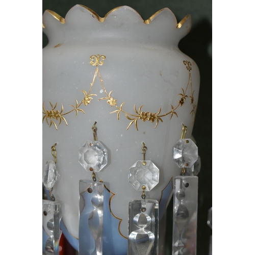 371 - A PAIR OF 20TH CENTURY CLEAR GLASS LUSTRE CANDLESTICKS AND TWO LATE 19TH CENTURY GLASS LUSTRES, the ... 