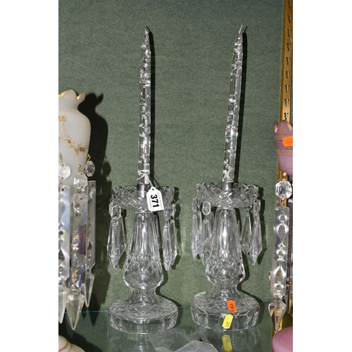 371 - A PAIR OF 20TH CENTURY CLEAR GLASS LUSTRE CANDLESTICKS AND TWO LATE 19TH CENTURY GLASS LUSTRES, the ... 