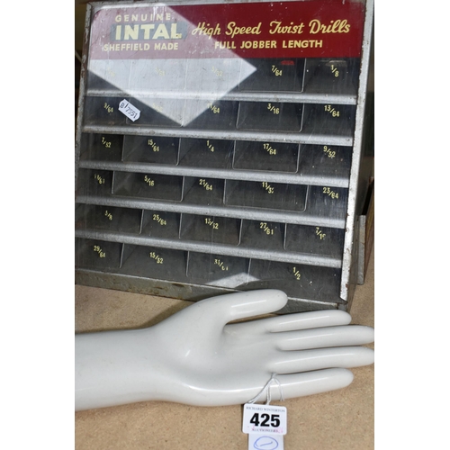 425 - A PORCELAIN HAND GLOVE MOULD, marked A.H.G, together with a shop counter display case for INTAL -hig... 