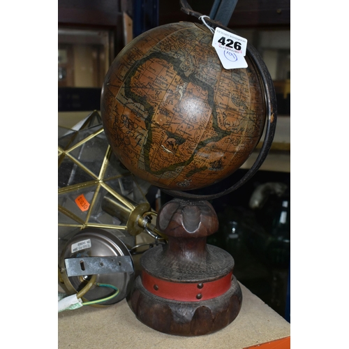 426 - A VINTAGE SPANISH TABLE GLOBE, and a modern glass ceiling light shade in the form of a star (2) (Con... 