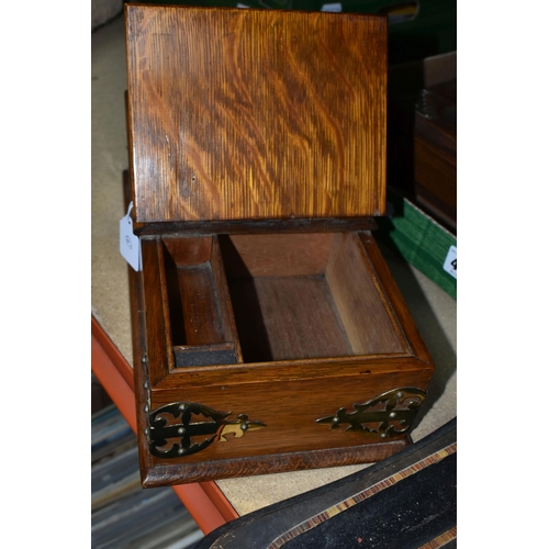 430 - ONE BOX AND LOOSE INK STANDS AND VICTORIAN PRESSES, comprising an oak cigar/cigarette humidor adorne... 