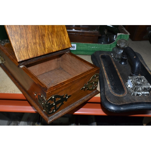 430 - ONE BOX AND LOOSE INK STANDS AND VICTORIAN PRESSES, comprising an oak cigar/cigarette humidor adorne... 