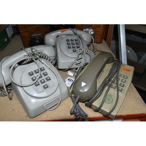 431 - A GROUP OF FIVE VINTAGE TELEPHONES, to include two wooden cased wall telephones and two pale grey pu... 