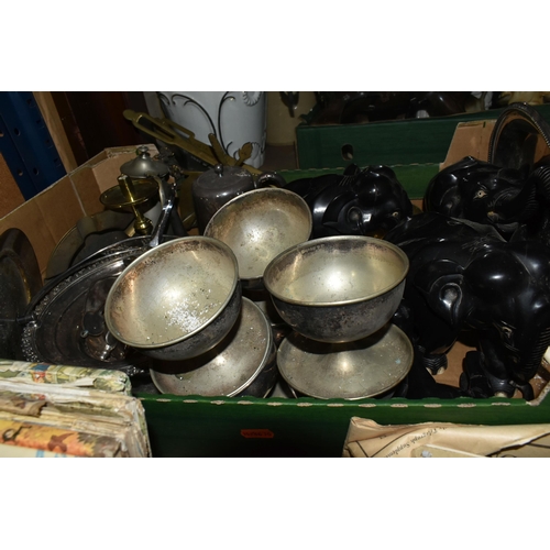 432 - TWO BOXES AND LOOSE containing a collection of mid 20th century plated ware and pewter, carved hardw... 