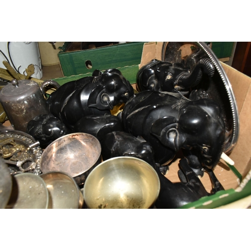 432 - TWO BOXES AND LOOSE containing a collection of mid 20th century plated ware and pewter, carved hardw... 