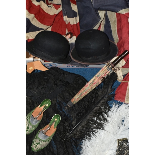 434 - ONE BOX OF VICTORIAN AND VINTAGE CLOTHING, to include two gent's 'Bowler' hats -  'Battersby' and 'T... 