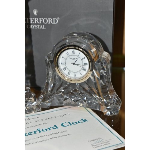 438 - TWO WATERFORD CRYSTAL CLOCKS, heights 18cm and 9cm, with a certificate for 'The Waterford Clock' by ... 